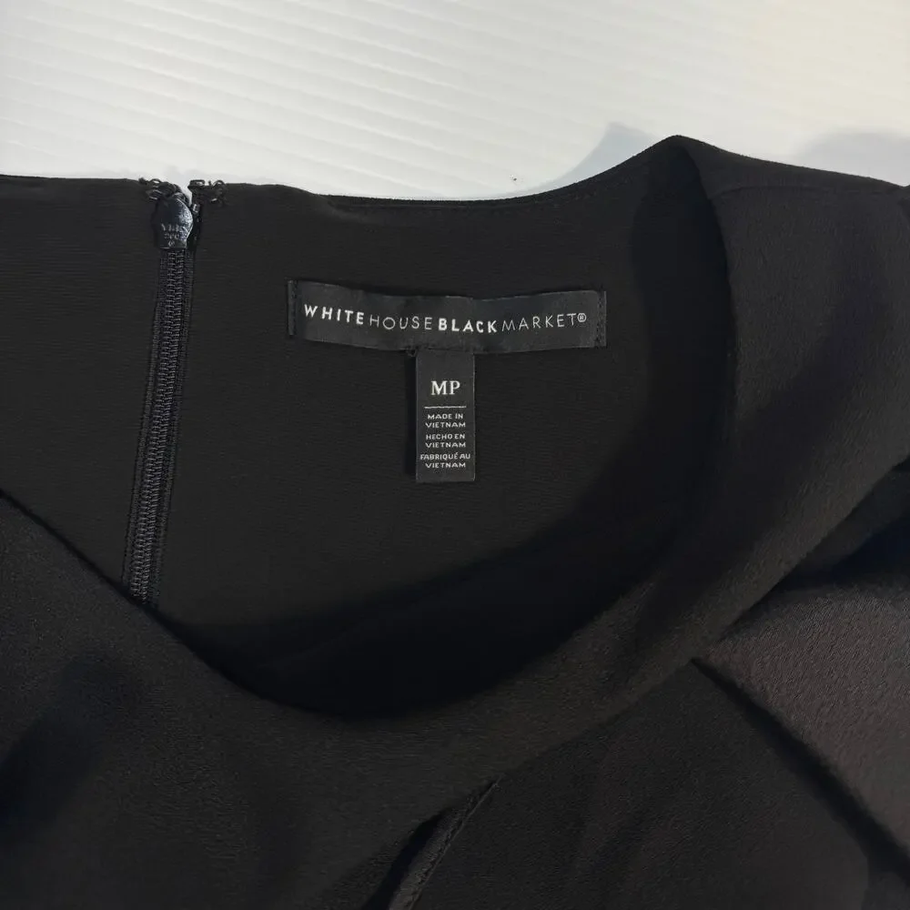 White House Black Market Black Ruffle Sheath Dress Medium Petite MP Cocktail LBD - Picture 5 of 16